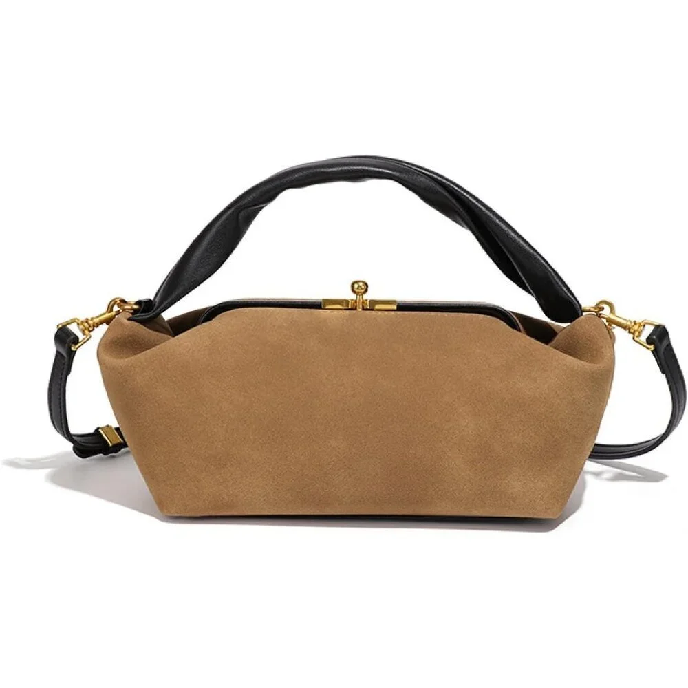 Women's Khaki Faux Suede Vintage Slouchy Soft Satchel Kiss Lock Hobo Handbag